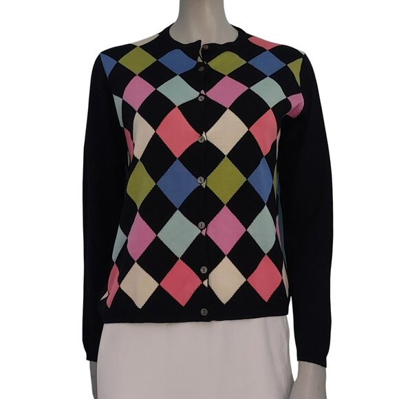 Cardigan Sweater Black Argyle Large Long Sleeves Colorful Preppy Classy Silk EUC - Picture 6 of 12